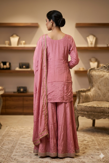 Blush Rose Chinon Sharara Set With Hand-Crafted Mirror And Slit Detailing | Ladies Wear