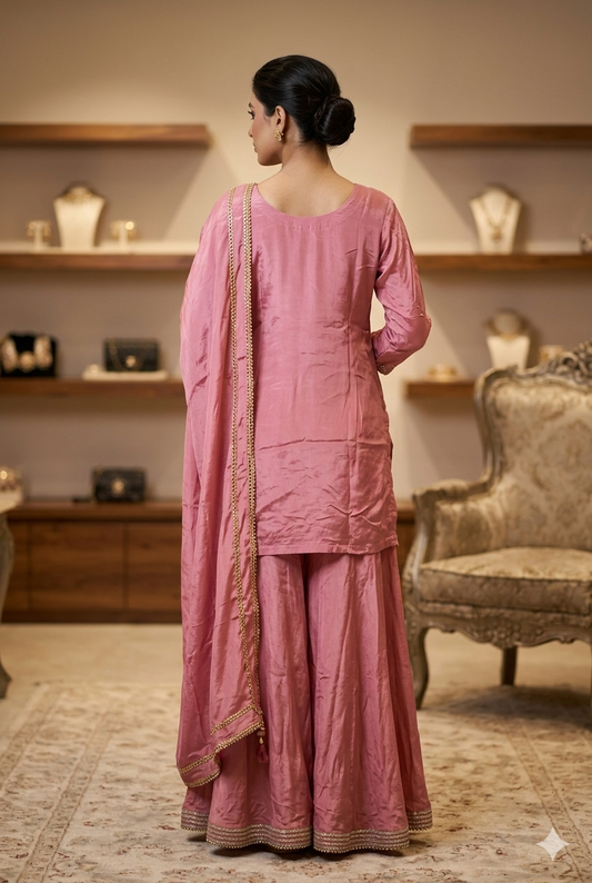 Blush Rose Chinon Sharara Set With Hand-Crafted Mirror And Slit Detailing | Ladies Wear