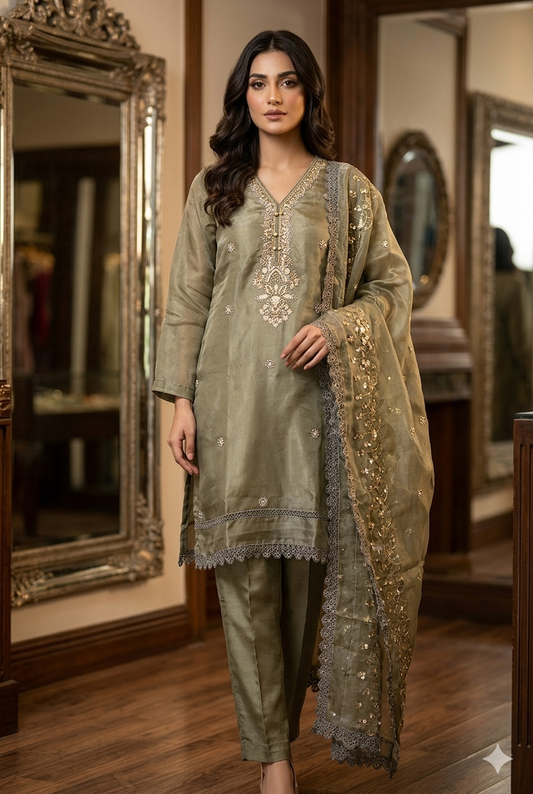 Sage Heritage Hand-Worked Roman Glass Silk Kurta Set With Scalloped Lace Borders | Ladies Wear