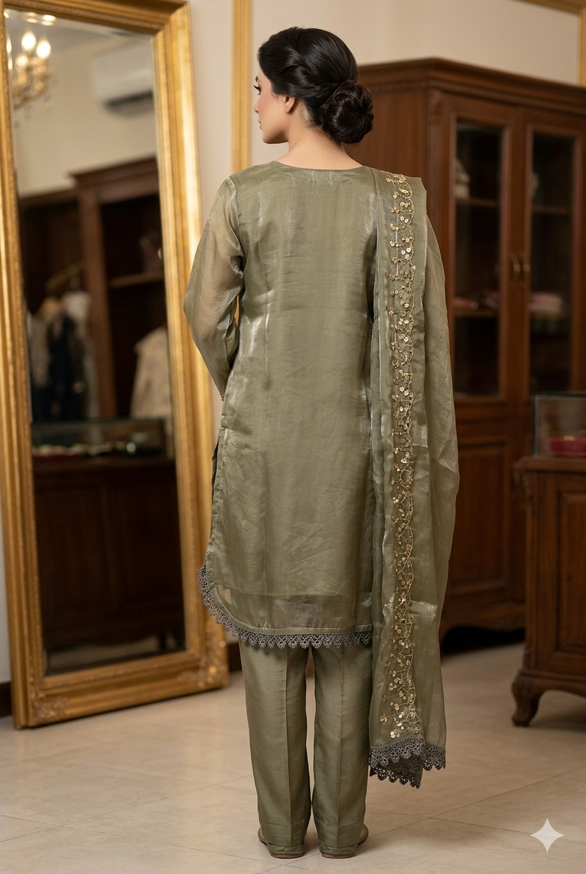 Sage Heritage Hand-Worked Roman Glass Silk Kurta Set With Scalloped Lace Borders | Ladies Wear