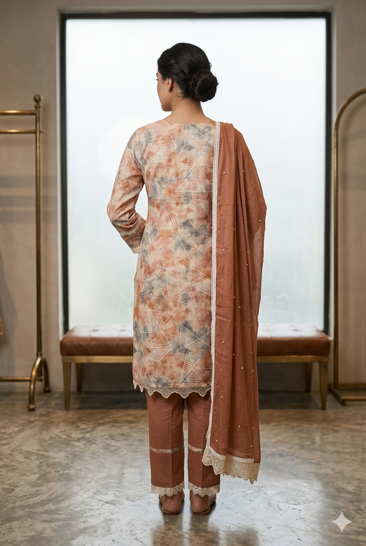 Peach Sunset Hand-Worked Cotton Kurta Pant Set with Floral Lace Accents | Ladies Wear