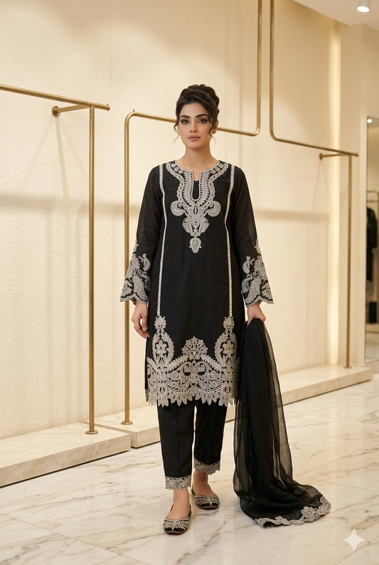 Black Embroidered Pakistani Kurti Pant Set with Dupatta | Ladies Wear