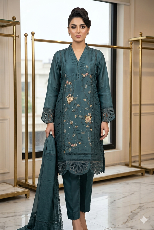 Teal Enchantment Hand-Embroidered Pakistani Silk Kurti Set | Ladies Wear