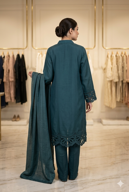Teal Enchantment Hand-Embroidered Pakistani Silk Kurti Set | Ladies Wear