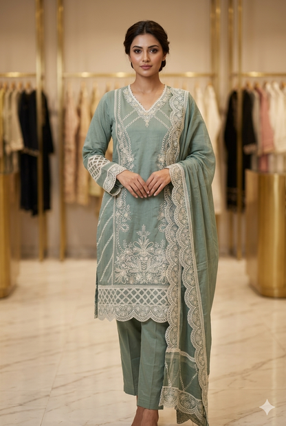 Sage Green Embroidered Pakistani Kurti Pant Set with Dupatta | Ladies Wear