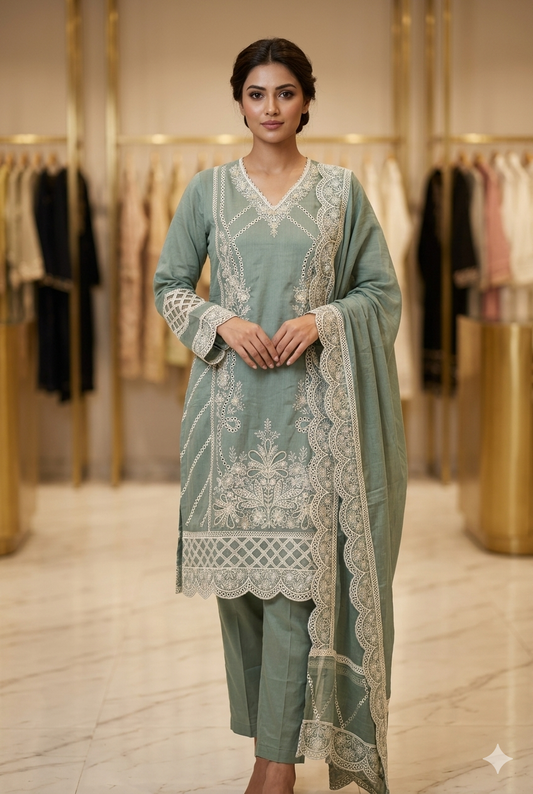Sage Green Embroidered Pakistani Kurti Pant Set with Dupatta | Ladies Wear