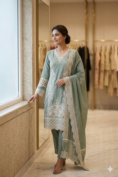 Sage Green Embroidered Pakistani Kurti Pant Set with Dupatta | Ladies Wear