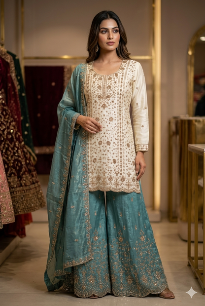 Imperial Cream & Teal Sharara Set with Scalloped Hem And Hand-Work