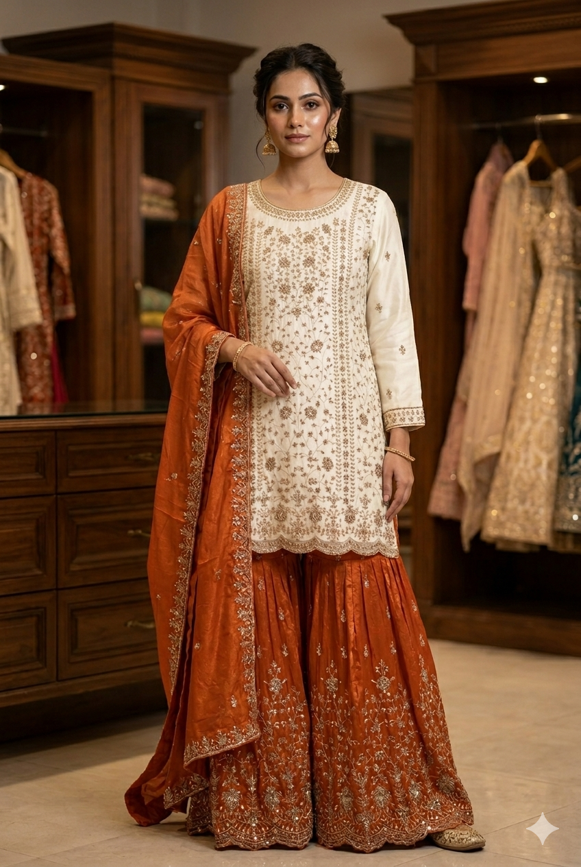 Imperial Cream & Teal Sharara Set with Scalloped Hem And Hand-Work