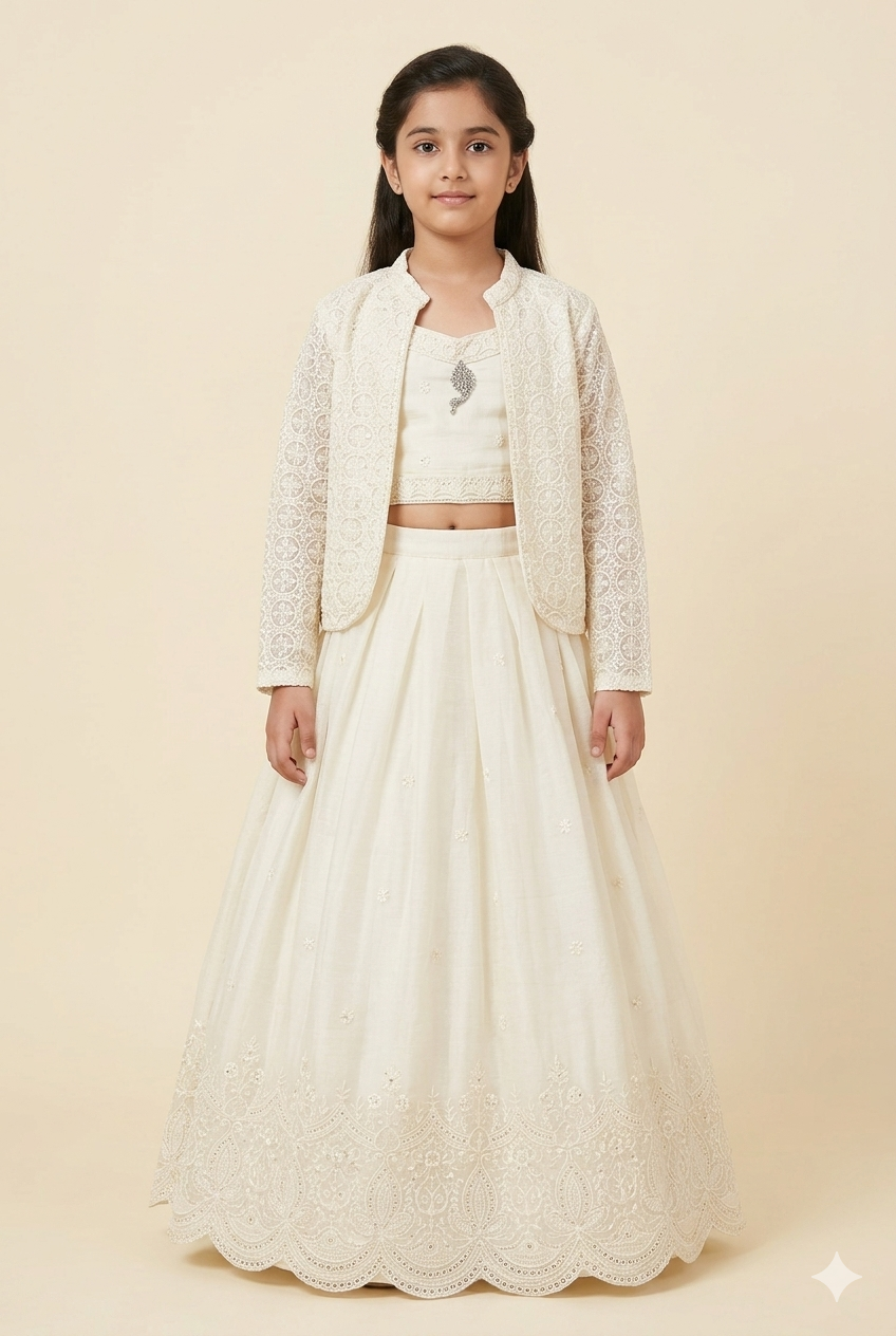 Girl's White Lehenga Set With Handwork Jacket