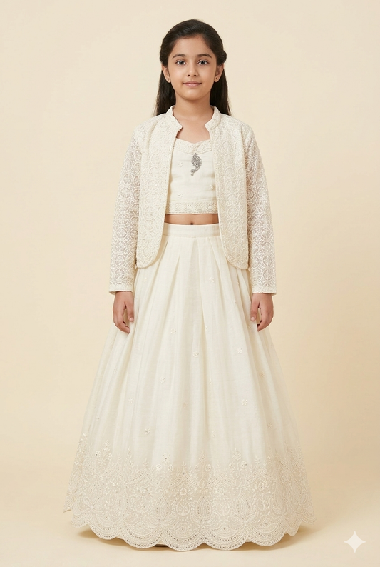 Girl's White Lehenga Set With Handwork Jacket