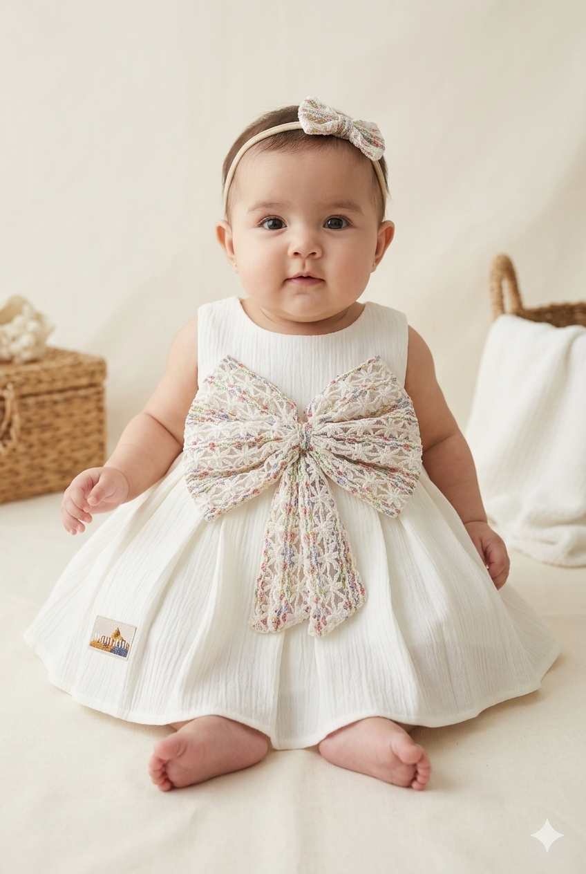 Baby Girl White Cotton Frock With Bow
