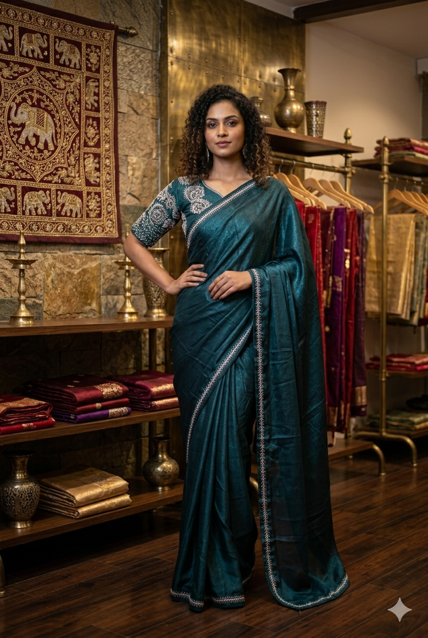 women Teal Silk With Embridered Blouse | Ladies Wear