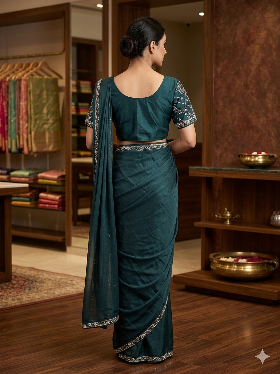 women Teal Silk With Embridered Blouse | Ladies Wear