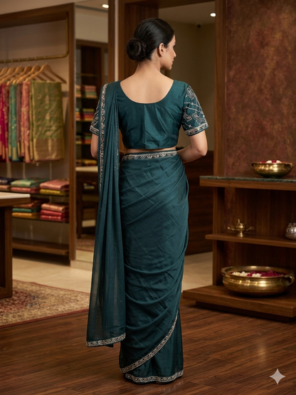 women Teal Silk With Embridered Blouse | Ladies Wear