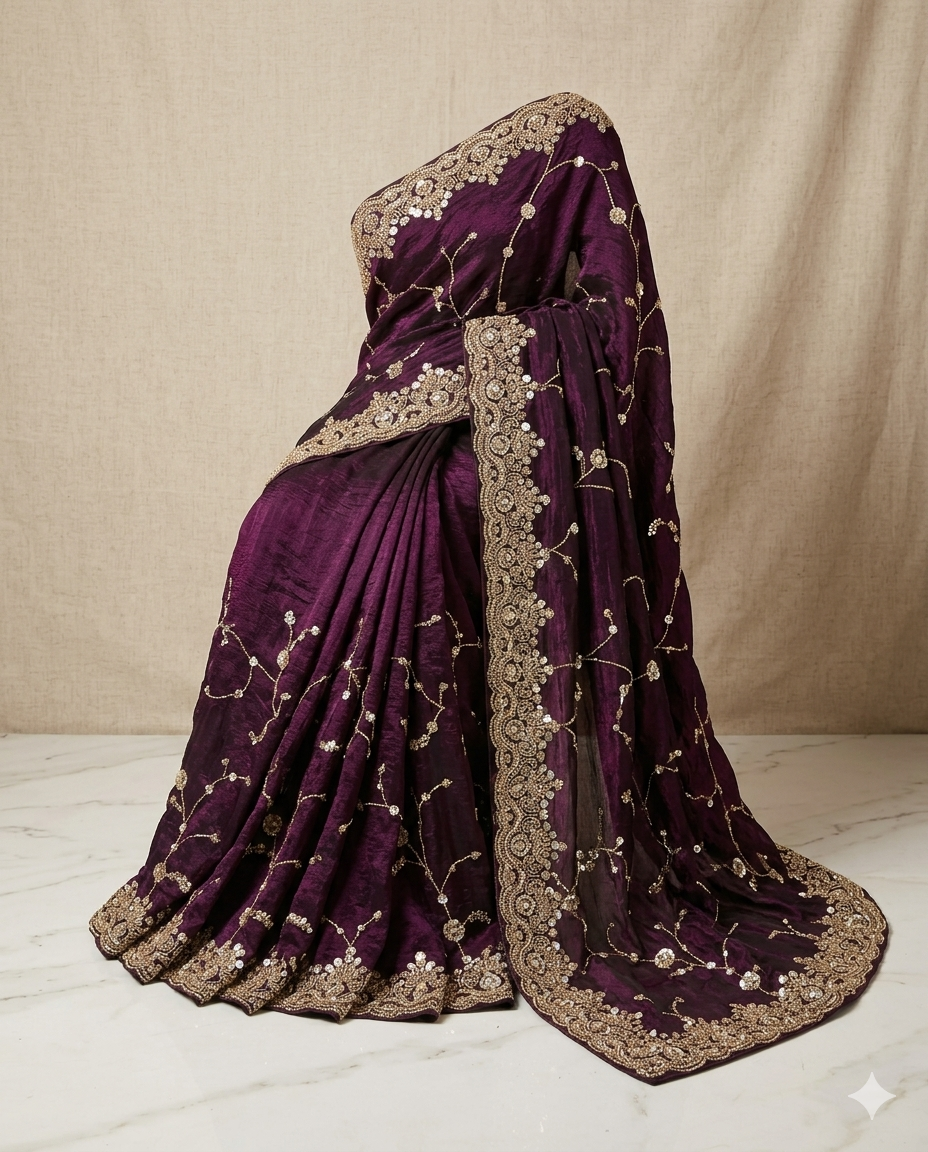Designer Purple Embroidered Saree for Women