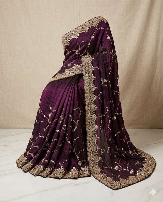 Designer Purple Embroidered Saree for Women