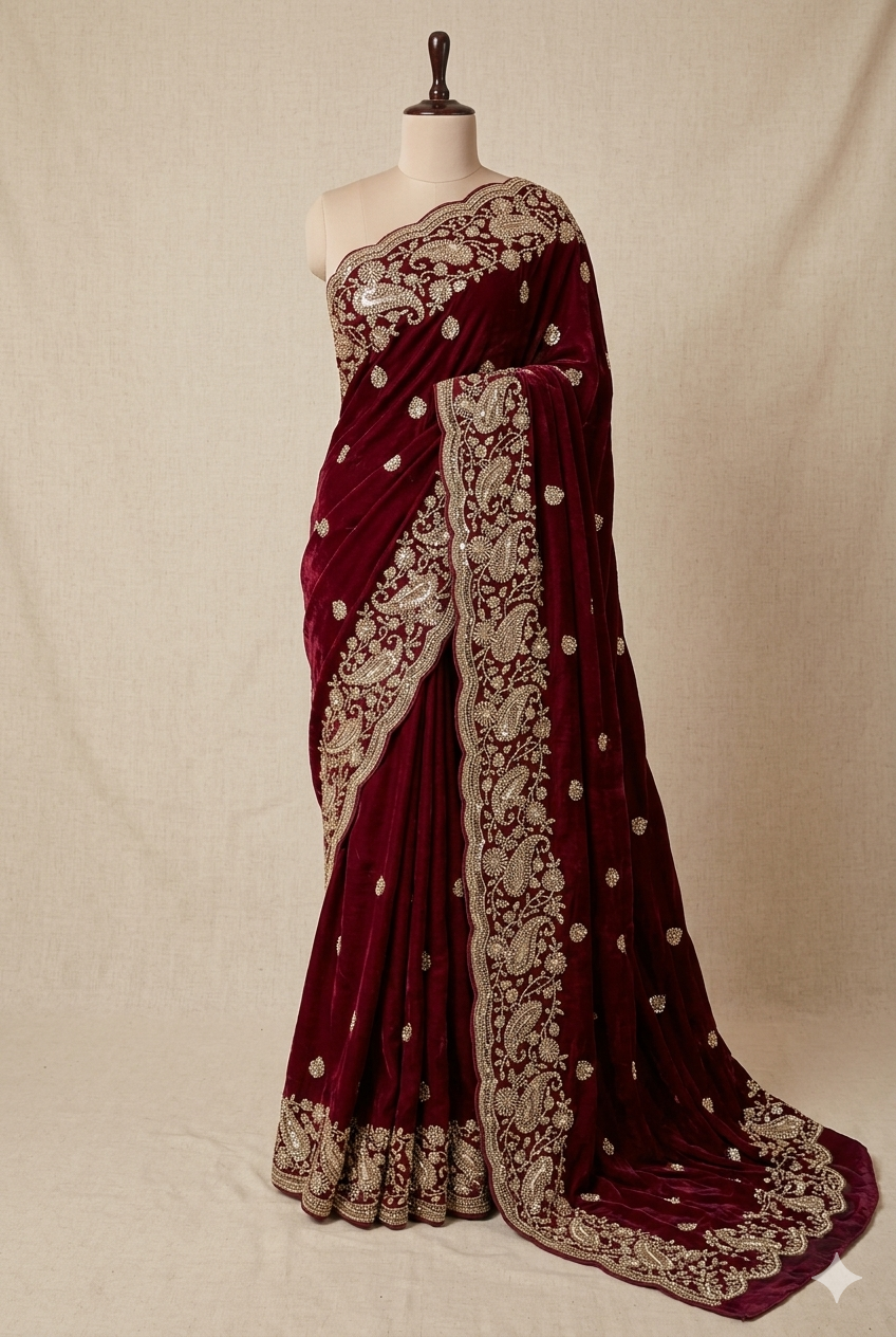Wine Red Designer Embroidered Saree for Women