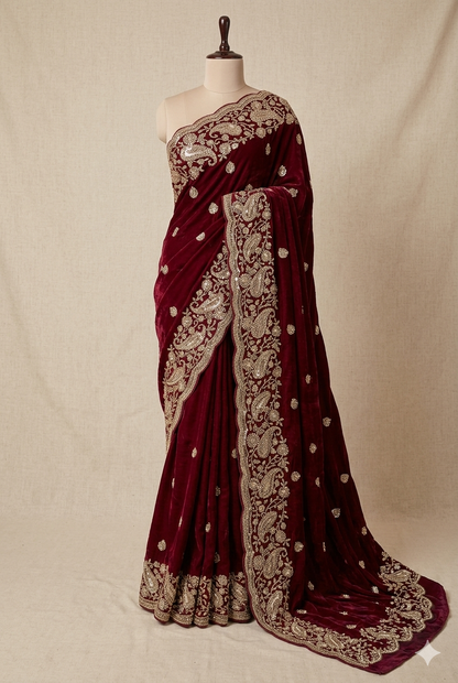Wine Red Designer Embroidered Saree for Women