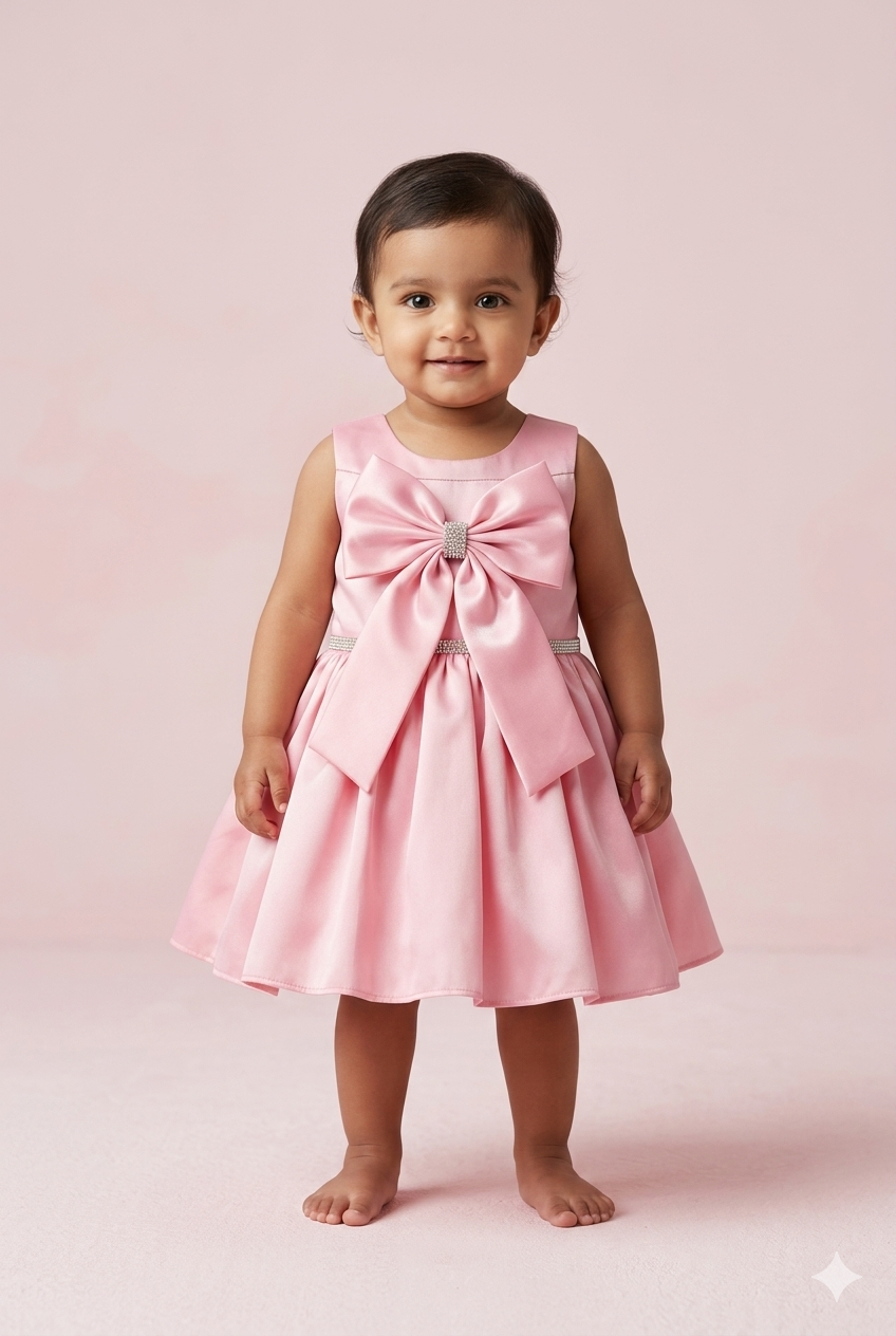 Baby Girl Pink Party Wear Frock with Bow Design