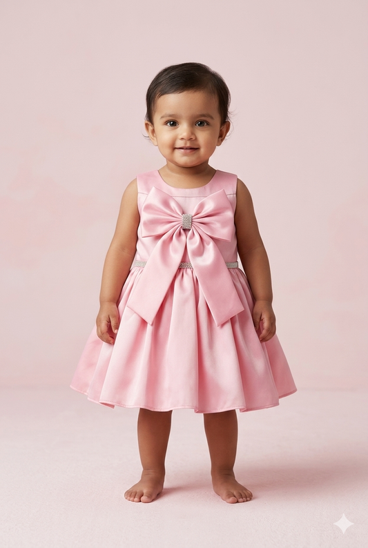 Baby Girl Pink Party Wear Frock with Bow Design