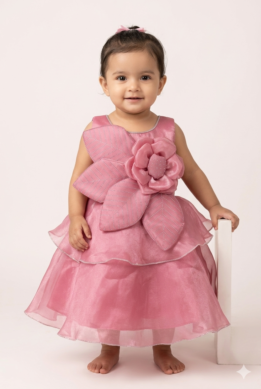 Baby Girl Pink Party Wear Frock with Bow Design