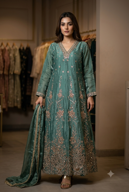 Sea Green Embroidered Anarkali Suit with Dupatta
