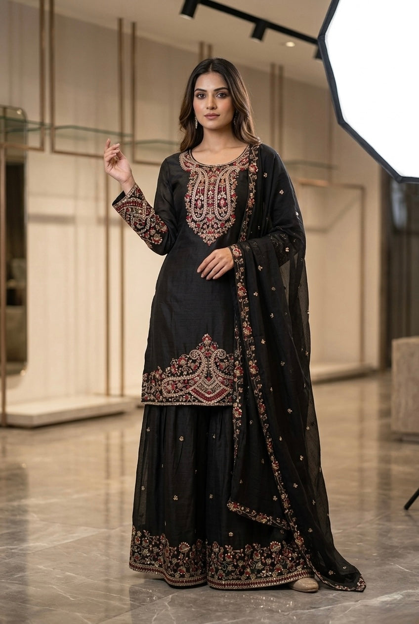 Black Kurti, Sharara Set with Dupatta