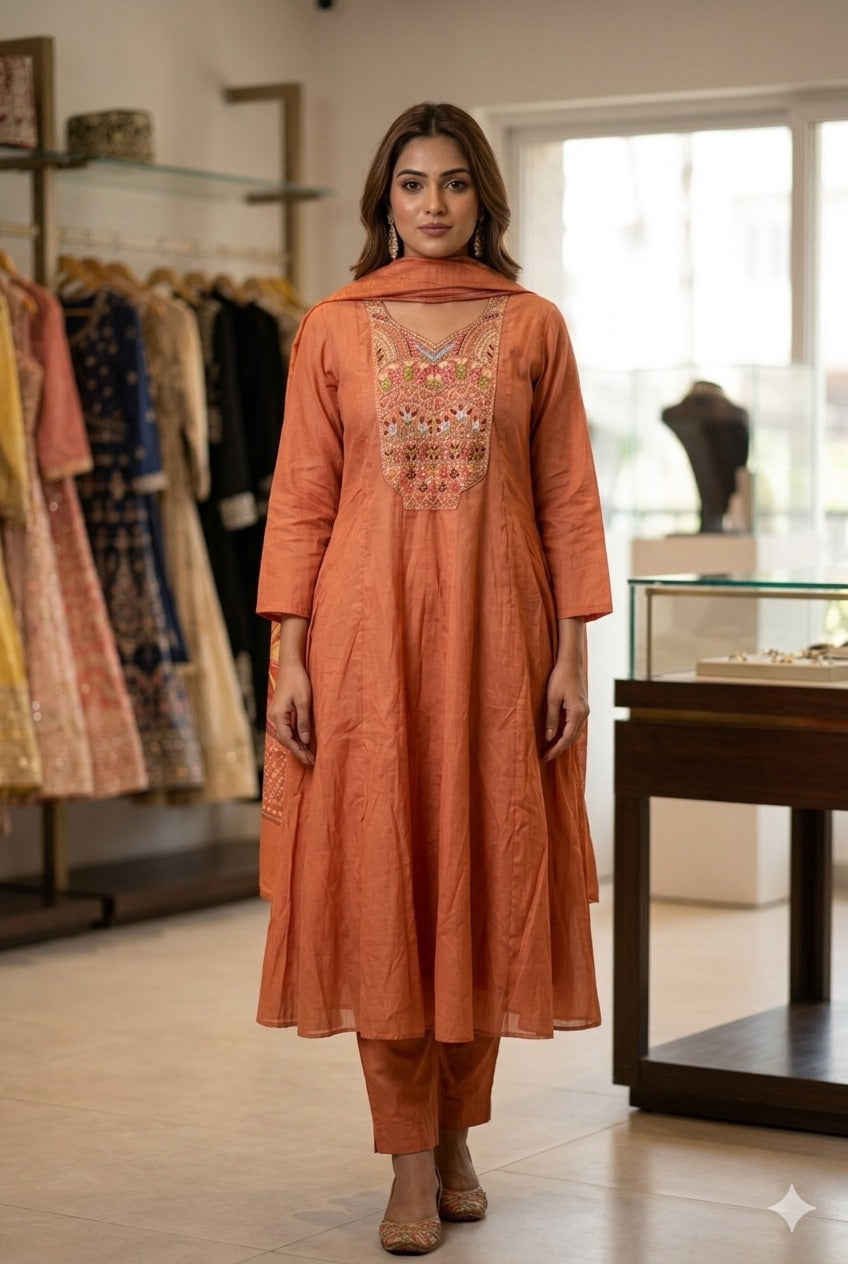Rust Orange Embroidered Anarkali Dress Set with Dupatta
