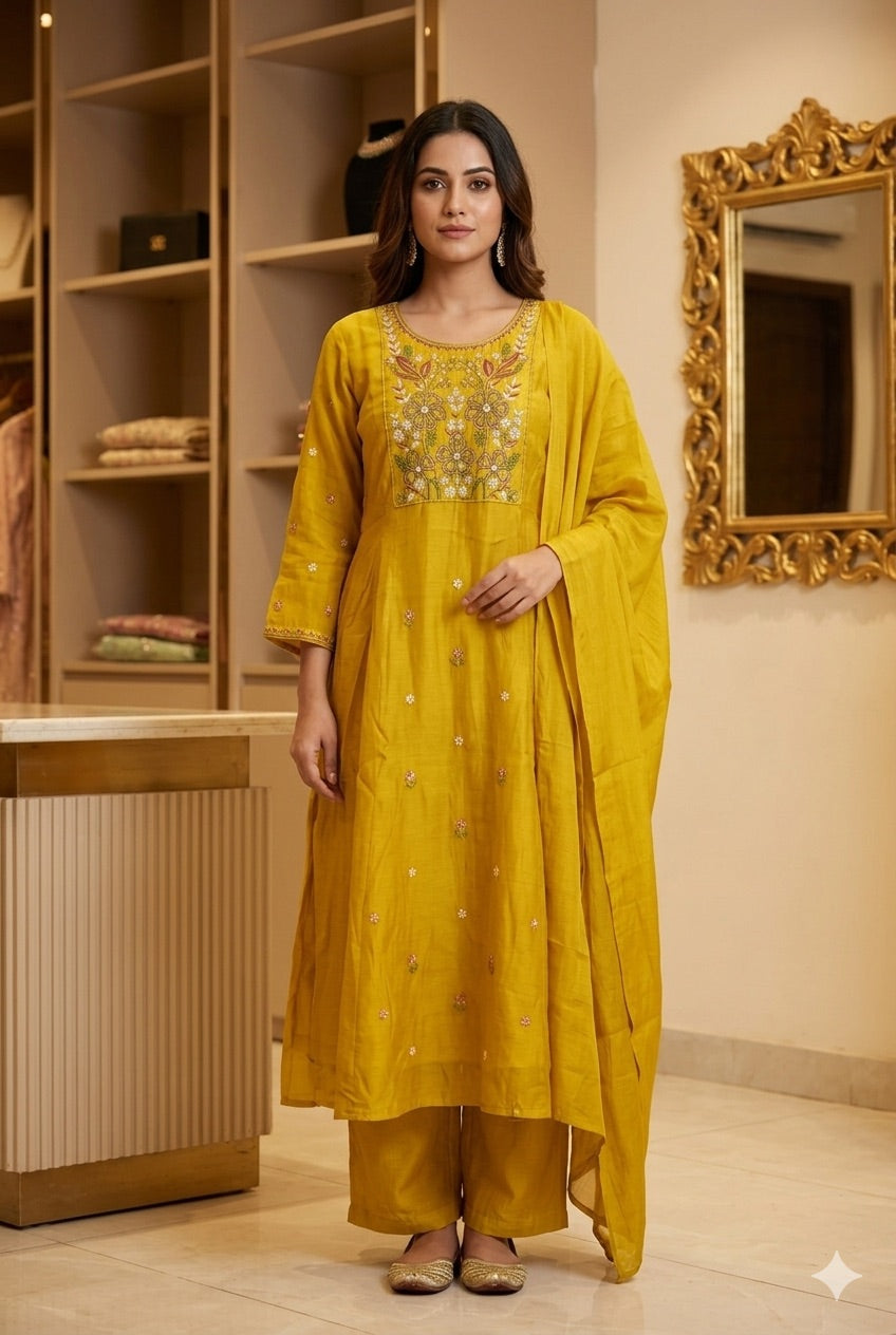 Mustard Yellow Embroidered Anarkali Dress Set with Dupatta