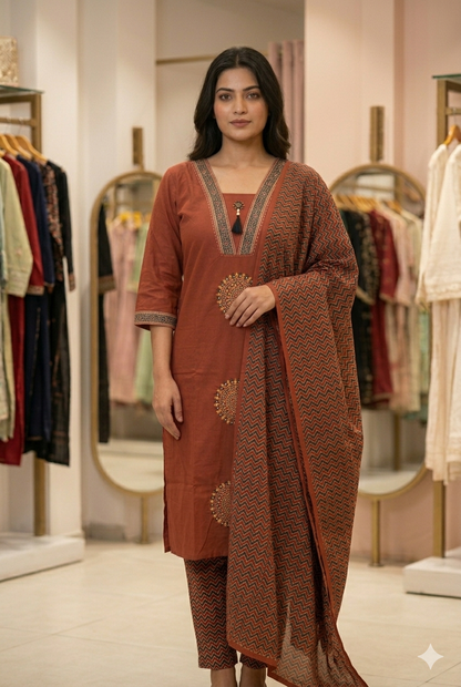 Rust Brown Printed Cotton Pakistani Kurti Set with Dupatta
