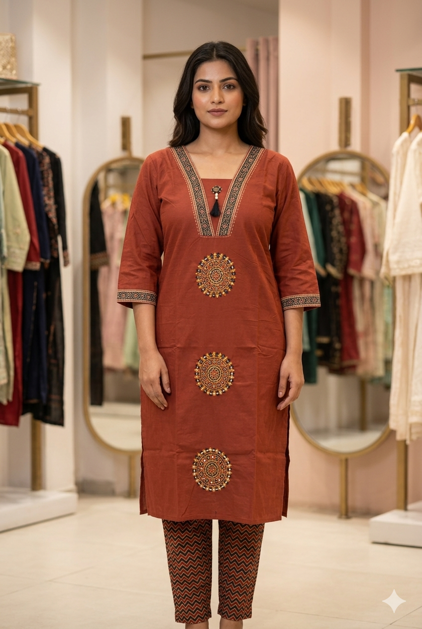 Rust Brown Printed Cotton Pakistani Kurti Set with Dupatta
