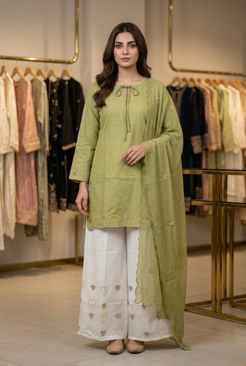 Heart Embroidered Cotton Short Kurti & Palazzo Set with Dupatta